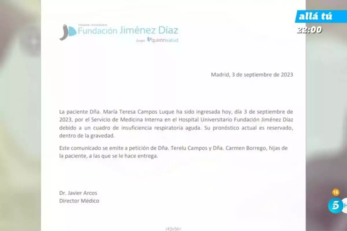 Informe del Hospital Universitario Fundación Jiménez Díaz en el que comunica que María Teresa Campos ha sido ingresada el día 3 de septiembre de 2023