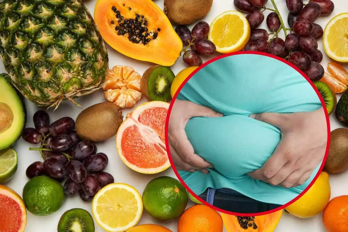 Montaje con varias frutas de fondo y un círculo con una persona agarrándose la barriga con las manos