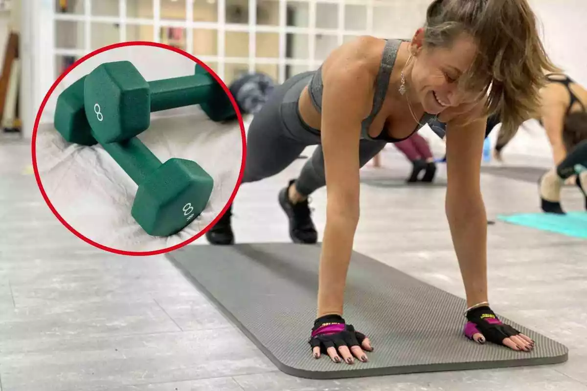 Montaje de una mujer haciendo ejercicio con una imagen de unas pesas