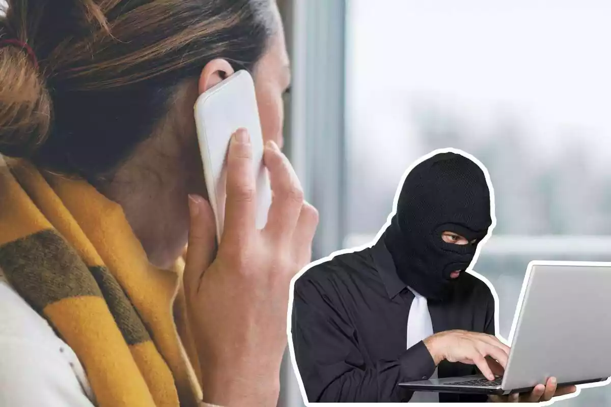 Montaje de una mujer en llamada y un ladrón con un ordenador