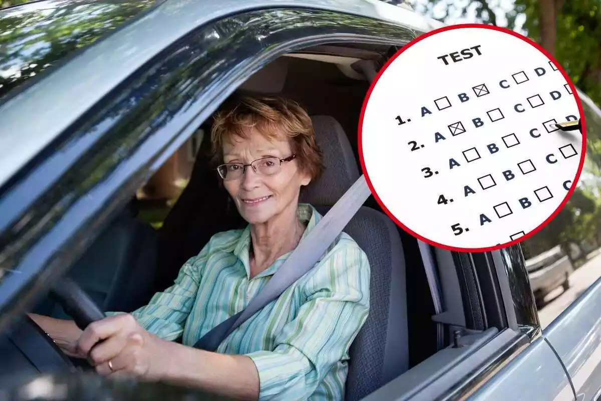 Mujer mayor conduciendo y al lado un test de múltiples opciones