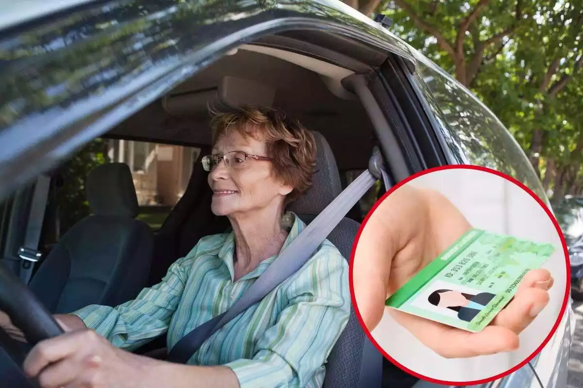 Mujer mayor al volante con permiso de conducción en el lateral