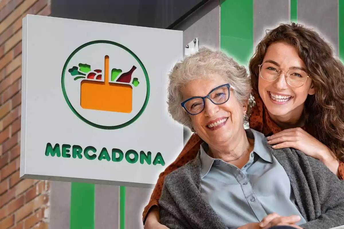 Abuela y su nieta felices con un fondo del supermercado Mercadona