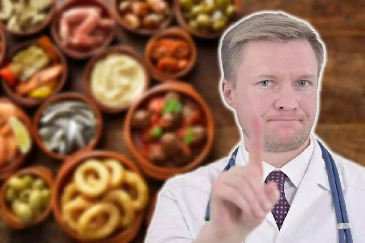 Doctor negando con el dedo con una imagen difuminada de comida de fondo