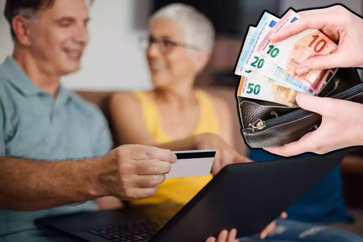 Una pareja de fondo con haciendo compras por internet, con un a tarjeta en la mano y una imagen de unas manos con una cartera con dinero